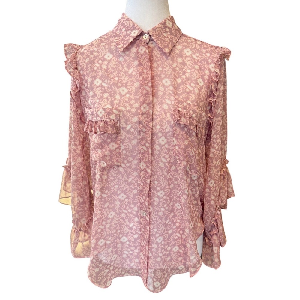 MISA Los Angeles Aeryn Floral‎ Chiffon Ruffle Button Front Blouse Pink XS